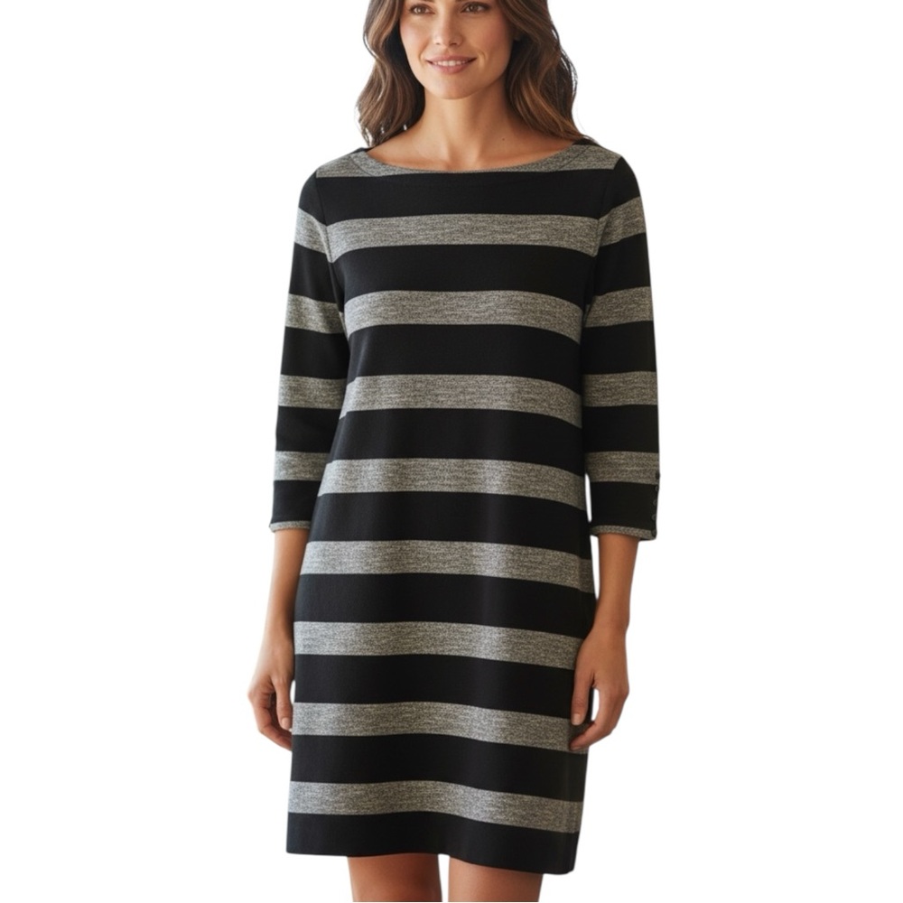 J. Crew Black and Mottled Gray Striped Long Sleeve Heavyweight Cotton Dress - XL